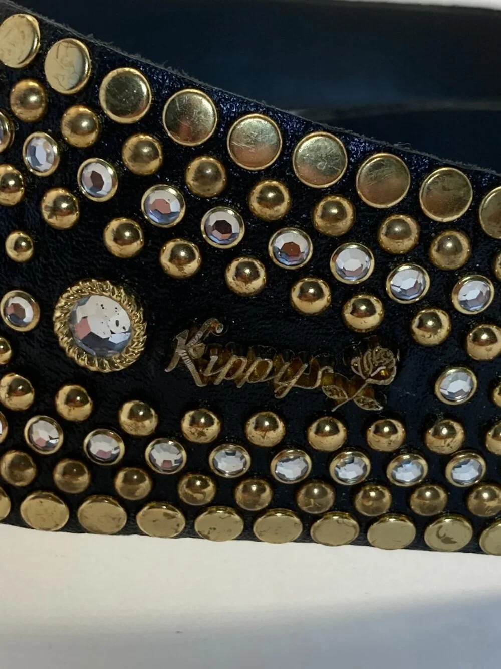 Kippys Vintage Western Belt Sz 34-37 Swarovski Crystal Black Leather Gold Studs